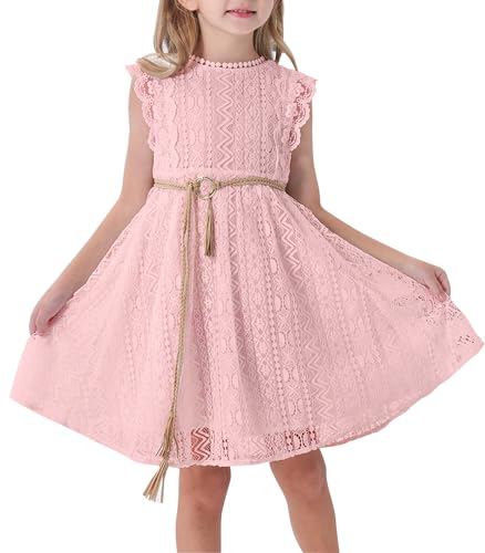 ALLOVIN Toddler and Girls Vintage Boho A-Line Lace Dress with Belt Pom Pom Trim Birthday Party Dress 3-11 Years