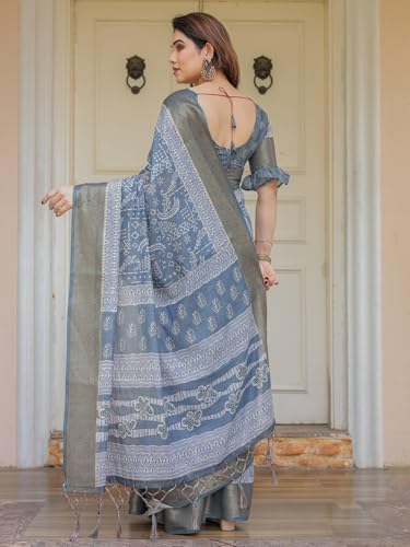 Image of ALMAARI FASHION Floral Printed Cotton Saree for Women with Handloom Zari Weave, Traditional Lightweight Ethnic Saree for Wedding Festive Office Party with Blouse Piece (LINEN 81-90 SH)
