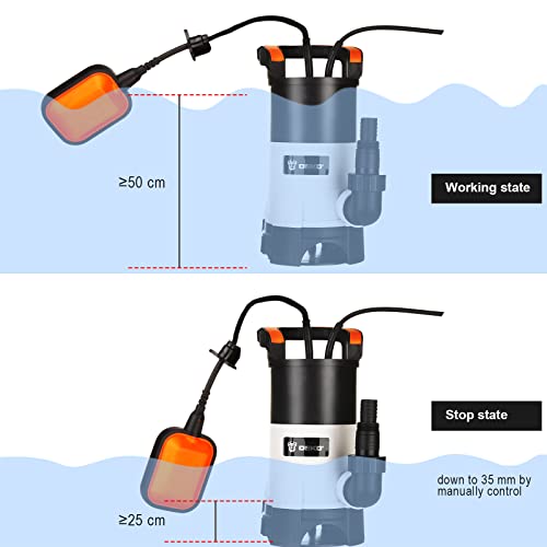 Tauchpumpe Schmutzwasserpumpe Wasserpumpe Pumpe Abwasserpumpe: DEKO 400W Tauchpumpen flachsaugend mit Schwimmerschalter Fördermenge 8000 l/h Eintauchtiefe Max. 7 m Partikel Ø35mm - für Garten Haus