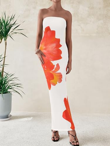 Image of PRETTYGARDEN Women Summer Strapless Maxi Dress Bodycon Floral Sexy Long Wedding Guest Dress Formal Tube Mesh Cocktail Dresses