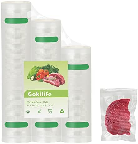 Gokilife Vacuum Seal Bags for Food Saver, 3 Pack of 8" x 20' 10" x 20 '11" x 20' By 60 Feet food saver vacuum sealer bags rolls, Commercial Grade Vacuum Seal Freezer Bags Rolls for Sous Vide Cooking, Storage, Meal Prep