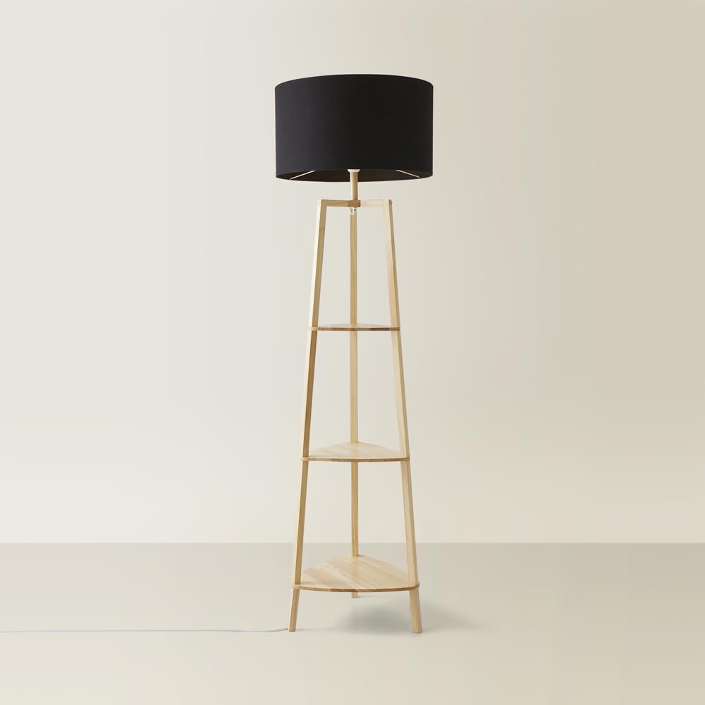 MiniSun | Natural Wooden 3 Tier Floor Lamp with Storage Shelves Light and Black Shade | Floor Lamps & Torchieres, Home Décor & Improvement Essential | Includes Bulb [3000K Warm White]