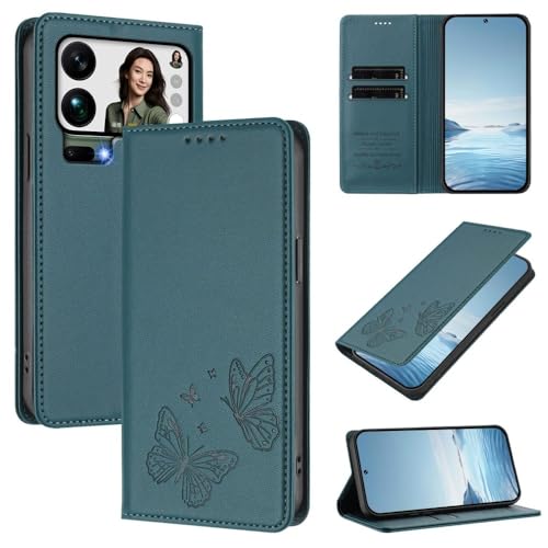 Étui pour Xiaomi 17 Pro en cuir vert foncé à rabat magnétique papillon