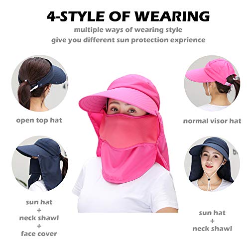 Image of Women Wide Brim Face Mask Sun Hat Detachable Neck Face Flap Ponytail UV Protection Visor Hat Garden Fishing Hiking
