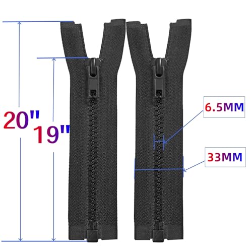 Image of MebuZip 2PCS #5 19 Inch Separating Jacket Zippers Resin Zipper Molded Plastic Zippers Bulk for Sewing Coat Jackets Clothes (Black)
