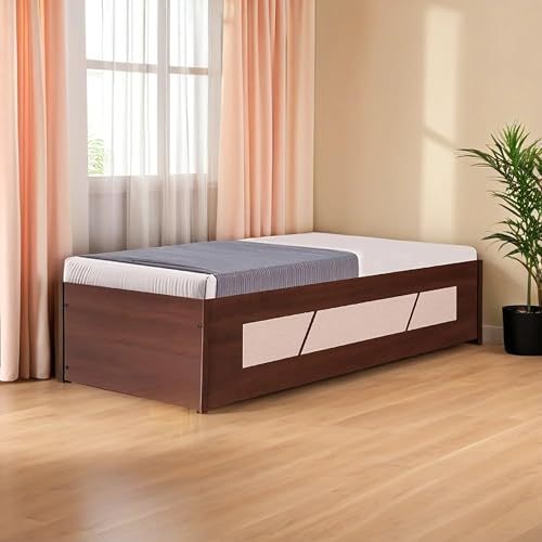 Image of CASPIAN Single Bed Engineered Wood (Walnut Brown & White) | Walnut Finish Multipurpose Divan Bed with Storage Box | Wooden Furniture for Home, Living Room & Bedroom (with Mattress)
