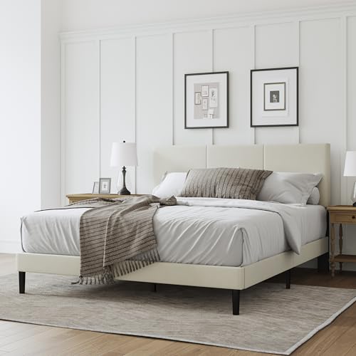Queen Size Bed Frame with Headboard – Elegant Upholstered Vertical Channel Tufted Heavy Duty Platform Bed Frame with Slats, No Box Spring Needed, Easy Assembly, Modern Bedroom Furniture (Beige, Queen)