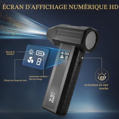 Souffleur de Poussière sans Fil,110000 RPM Air Comprimé Électrique 180W Puissant avec Écran LED, 3 Vitesses, Batterie 4000mAh, Mini Ventilateur Turbo pour Nettoyage PC, Clavier, Voiture, Camping – vue 6