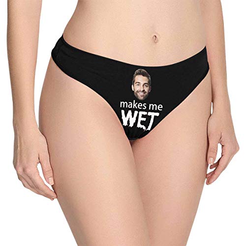 Custom Women's Funny Face Makes Me Wet Black Thong G-Strings Briefs Shorts Underpants Printed With Photo L #TOP2
