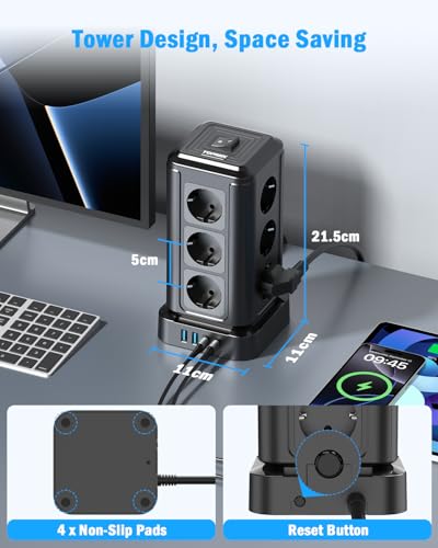 TOPREK Mehrfachsteckdose, 12 Fach Steckdosenleiste mit 4 USB, 20W USB C Schnellladen, 3680W/16A Steckerleiste Multisteckdose Steckdosenturm mit Schalter für Büro Küche Tisch, 2M Kabel 5