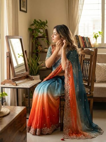 Image of Soft Fandy Satin Saree with Fancy C Pallu, Sequence Zari Work & Heavy Embroidered Stitched Blouse (Free Size)
