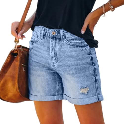 Damen Jeans Shorts High Waist Stretch Ripped Denim Kurze Hose Sommer Casual Hotpants Jeansshorts 19 Blau L