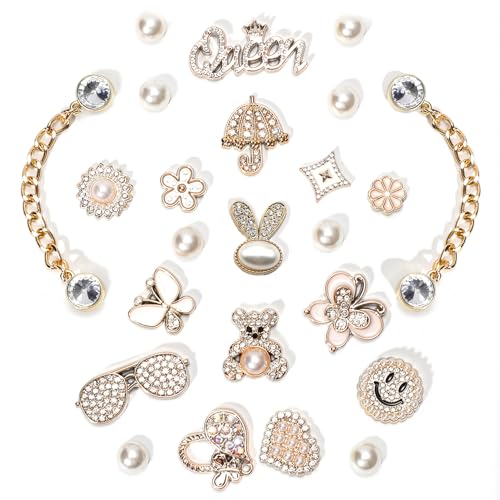 Arrebolli Gold Queen Bling Shoe Charms for Women Clog Sandals, Glitter Rhinestones, Girly Shoe Chains, DIY Resin Butterfly Flower Pearl Shoe Decoration Charms for Girls, Party Favor