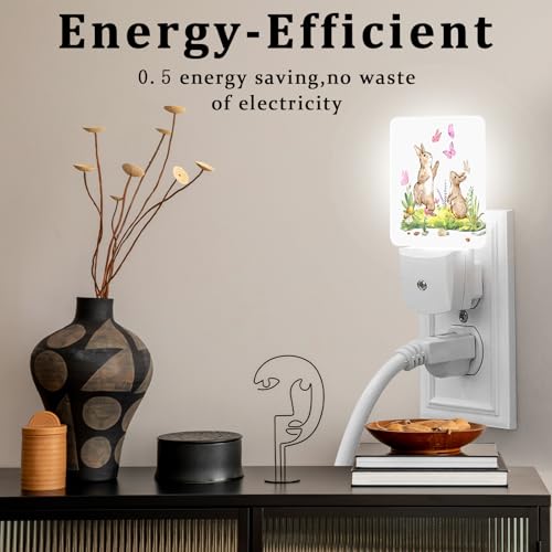 Image of Cute Rabbits Butterfly Night Light, Plug-into Wall Happy Easter Bunny Animals Nightlight Lamp with Dusk to Dawn Sensor, Led Lamp 0.5W Energy Efficient for Boys Girls Adults Home Decor
