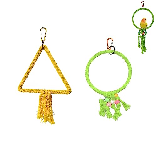 Image of 2 Pack Bird Swing Toy Parrot Perch Triangular and Round Bird Perches Parakeet Swing Stand Rope Swings for Hanging Chewing Toys Conure Cockatiel Lovebird Finch Canary Myna Cockatoo Budgie