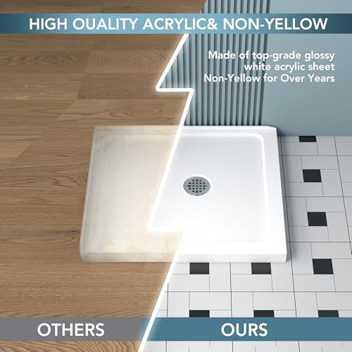 KPUY Shower Base, 36\'\' L X 36\'\' W Shower Base Pan with Double Threshold and Center Drain, Shower Pan with Slip Resistant Textured Surface, White Acrylic