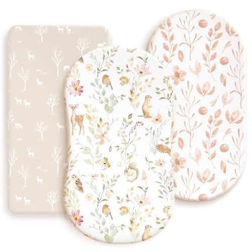 GRSSDER Stretchy Ultra Soft Fitted Bassinet Sheets 3 Pack, Universal Fit for Baby Cradle Moses Basket Oval Rectangle Mattress Safe and Snug, Beautiful Blush Pink Floral Bassinet Sheet for Girls