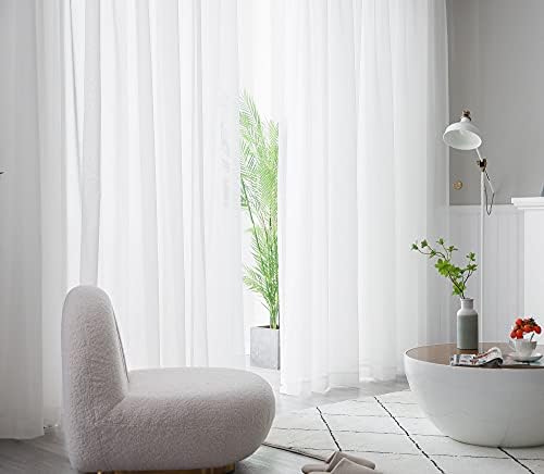 CUCRAF Voile Transparent Linen Look Sheer Curtains with Eyelets for Living Room, Bedroom, Room Decoration 55Wx90L Off White,Set of 2