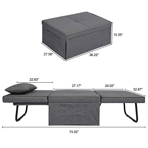 windaze Folding Ottoman Sofa Bed, 4 in 1 Multi-Function Chaise Lounge Morden Linen with 5 Position Adjustable Backrest Convertible Guest Fold Out Bed, Dark Grey