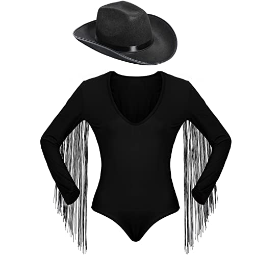 Haysandy Women's Fringe Trim Long Sleeve Bodysuit V Neck Top Bodysuit Cowboy Hat for Halloween Western Cowgirl 80s Outfit Costume(L)