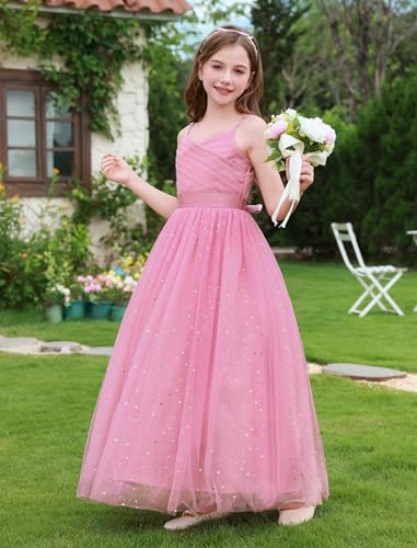 IBTOM CASTLE Pageant Dress for Girls Spaghetti Strap Sequin Tulle Dress Long Wedding Flower Girl Princess Birthday First Communion Formal Pageant Dance Ball Gown Dusty Pink+Starts 13-14 Years