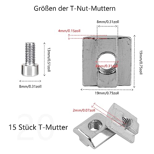15 Stück Schiebemuttern M8 Nutensteine Aluprofil T Nut Schiene M8 4040 Nutenstein Edelstah Nutmuttern mit M8 Schrauben Gleitmutter für Aluschiene C Aluminiumprofil-Extrusionsschlitz Standard-40-Serie
