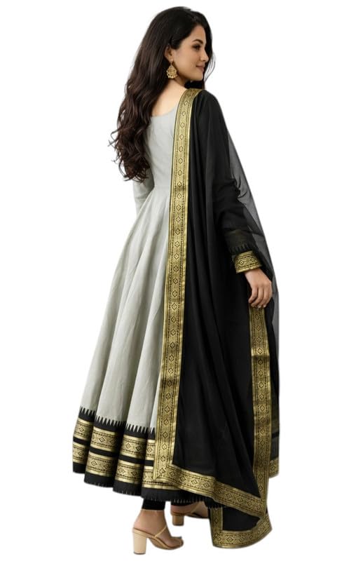 Image of Designer Silk Cotton Anarkali Orange Gown with Zari Kanchi Border Work & Contrast Weaving Dupatta | Festive Traditional Kurti Set for Women