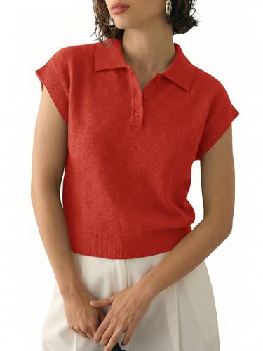 Image of Saodimallsu Womens Cap Short Sleeve Sweater Top Summer Polo Shirts Button Collared Knit Business Casual Pullover Sweater