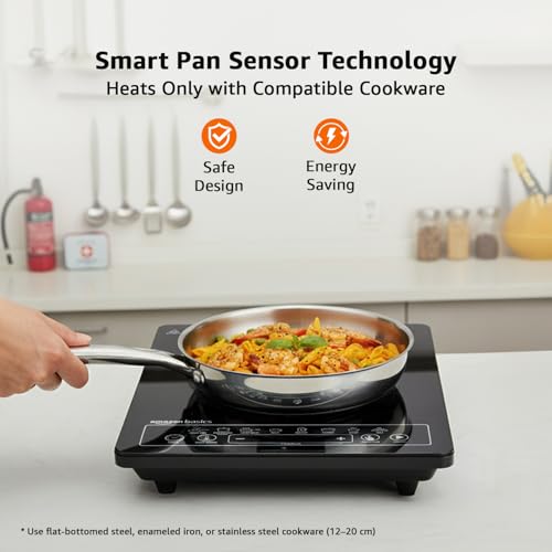 Image of Amazon Basics 2200W Induction Cooktop | 8 Pre-Set Cooking Menus | LED Digital Display | Touch Panel I Energy Efficient, Auto Cut-off, 25A IGBT & 4KV Surge Protection I Smart Pan Sensor I Black