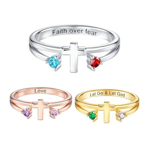 AILIN Personalized Cross Rings For Women Sterling Silver 925/Brass Custom Engraved Promise Rings With Two Birthstones Religious Christian Jewelry Birthday Gifts For Her Mother