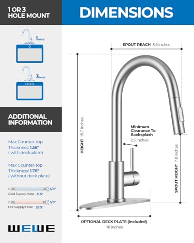 WEWE Kitchen Faucet with Pull Down Sprayer, Brushed Nickel SUS304 Stainless Steel Kitchen Sink Faucets, High Arc Single Handle Faucet for Kitchen Sink, Commercial Modern Farmhouse RV Utility Faucet