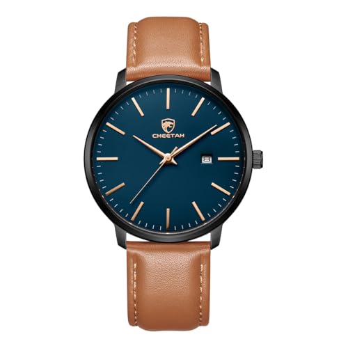 CHEETAH Minimalistische Uhren Herren, Analog Quarz 3 ATM wasserdichte Armbanduhr Herren mit Lederarmband, Datum Mode Sport Uhr für Jugendliche