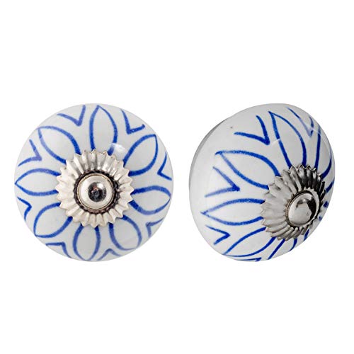 Nicola Spring Ceramic Cupboard Drawer Handle Knobs - Floral Design - Light Blue - Pack of 6