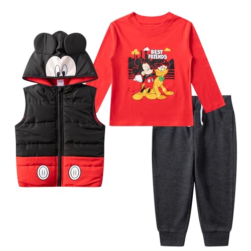 Image of Disney Mickey Mouse and Pluto Boys Long Sleeve Shirt, Hooded Vest and Pants Set for Infant and Toddler
