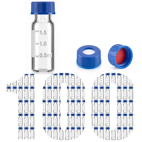 LemonRoad 100 Pcs 2 ml Autosampler Vials 9-425 GC/HPLC Clear Sample Vials with Screw Cap Write-on Spot &amp; Graduations &amp; PTFE &amp; Silicone Septa for LC Stamper GC-MS Lab Analysis