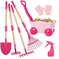 Duckura Kids Gardening Tools - Wheelbarrow Set for Kids with Shovel, Rake, Hoe, Leaf Rake, Outdoor Summer Yard Lawn Digging Weed Toys, Birthday Gifts for Boys Girls Age 2 3 4Years Old