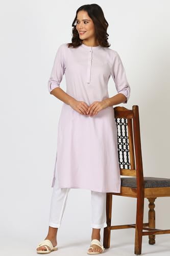 Image of W for Woman Lilac Mandarin Collar Cotton Blend Straight Kurta