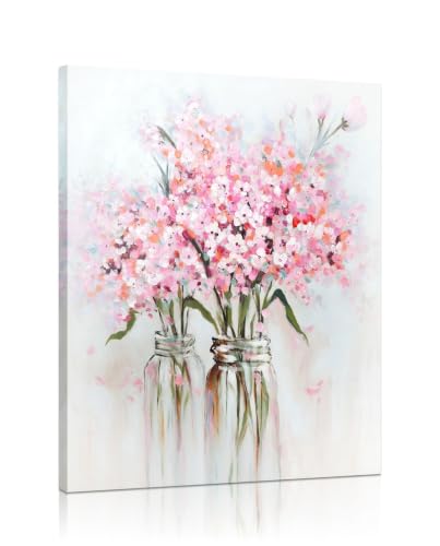 YPY Pink Flowers Canvas Wall Art: Abstract Bouquet in Vase Artwork Prints for Teen Girl Bedroom Floral Picture Bathroom Decor 12'x15'