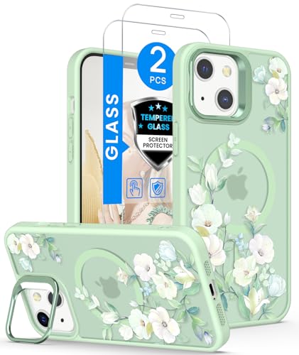 Dretal Magnetic Floral Case for iPhone 13 & iPhone 14 6.1 Screen Protector X2 Built-in Lens Ring Stand Military-Grade Protection Translucent Matte Magnetic Shockproof Flower Pattern Case - Hibiscus