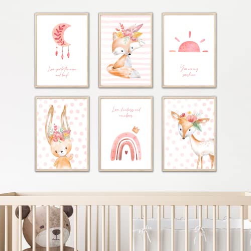 MeinBaby123® Póster para habitación infantil, juego de 6 pósteres DIN A4, imágenes de pared, globos de animales, póster de pared prémium (animales de bosco, sol y luna) Cover