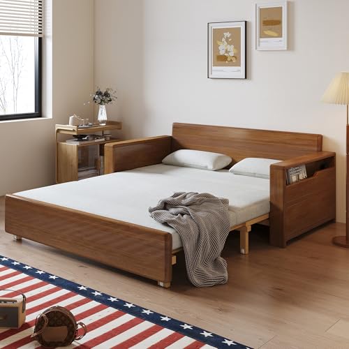 71" 3-in-1 Convertible Sofa Sleeper, Storage Armrest, Chaise & Wood Frame