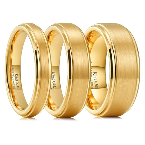 King Will Tungsten Carbide Wedding Band for Men Women-4/6/8mm Width 14K Gold Plated Tungsten Wedding Ring Matte Brushed & High Polished Style Comfort Fit Wedding Band Size 6-14