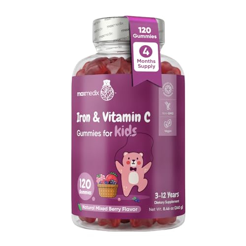 maxmedix Kids Iron with Vitamin C Gummies 120 Ct | Supports Iron Deficiency Blood Energy & Immune Health (4 Month Supply) 7mg Fe + 10mg Vit C | Pectin-Based Kids Iron Supplement Vegan Mixed Berry