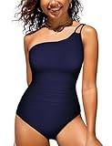 Hilor Slimming One Piece Swimsuits for Women One Strap Bathing Suits Retro Ruched Swimwear Modest Monokini Navy 12