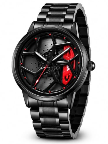 Image of V2A Men's Analog Automotive Inspired Wheel Rim Design Wrist Watch | Stainless Steel Bracelet| Quartz Movement | 30M Water Resistant | Premium Black Metal Strap Watch for Men | Casual & Formal