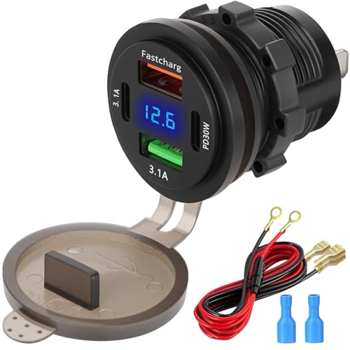 Presa USB 12V Caricabatterie da Auto, 4 Porte 68W Total USB C PD & QC 3.0 Fast Charging Caricabatterie, Presa di Corrente per Auto, Accendisigari usb C Presas per Barca Marina Moto Camper Camion