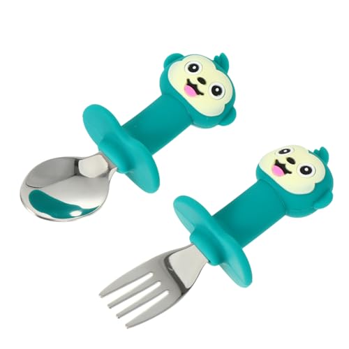 WEKAMOS 1Juego Cubiertos Infantiles Inoxidable con Mango Corto Tenedor y Cuchara para Alimentación de Bebés Utensilios de Autoalimentación para Recién Nacidos Diseño de Mono