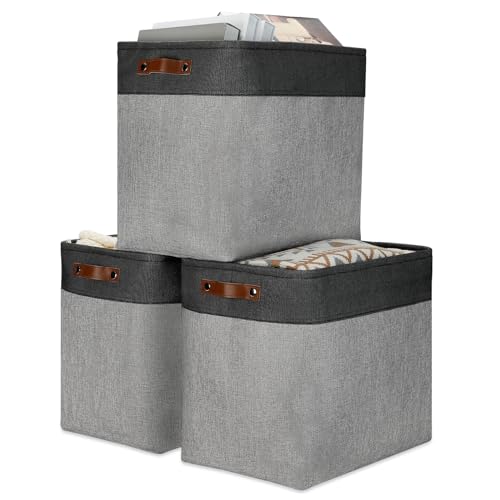 Image of DULLEMELO Grey Storage Baskets for Organizing 3 Pack Fabric Shelf Baskets for Gifts Empty Large Storage Organizer for Closet,Clothes,Toys,Bedroom (Black&Grey)