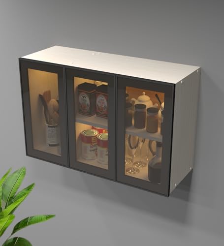 Image of SPECIALITY PANELS Aluminium Black Profile 3 Door Wall Cabinet | Brown Tinted Glass Handless Shutters | Wall Mounted Kitchen Storage Cupboard | Modern Space Saving Organizer | DIY Assembly