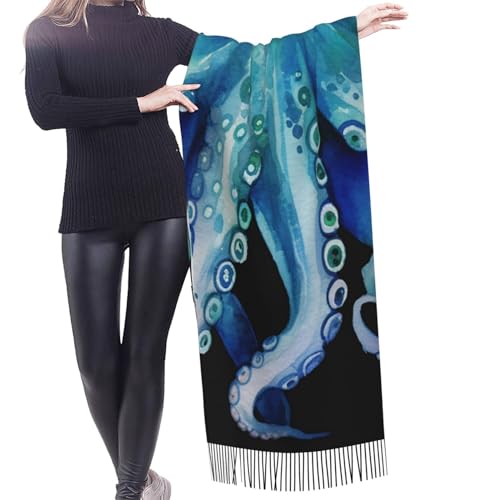 UNIOND Blue Watercolor Octopus Print Scarf For Women Fringed Shawl Cozy Warm Soft Fashion Long Scarves For Winter Autumn Gift, Black2